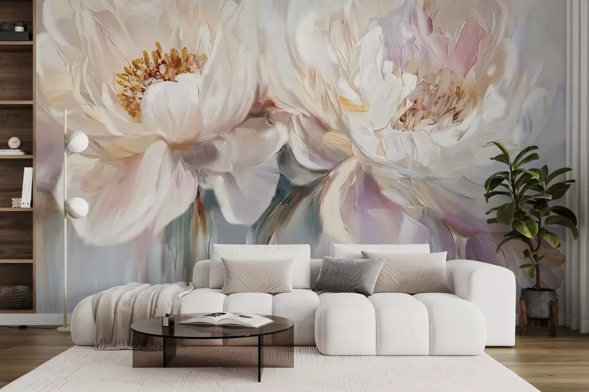 murales de pared Suaves y delicadas peonías blancas y rosa pastel con exuberantes pétalos sobre un fondo difuminado que imita una pintura w08466