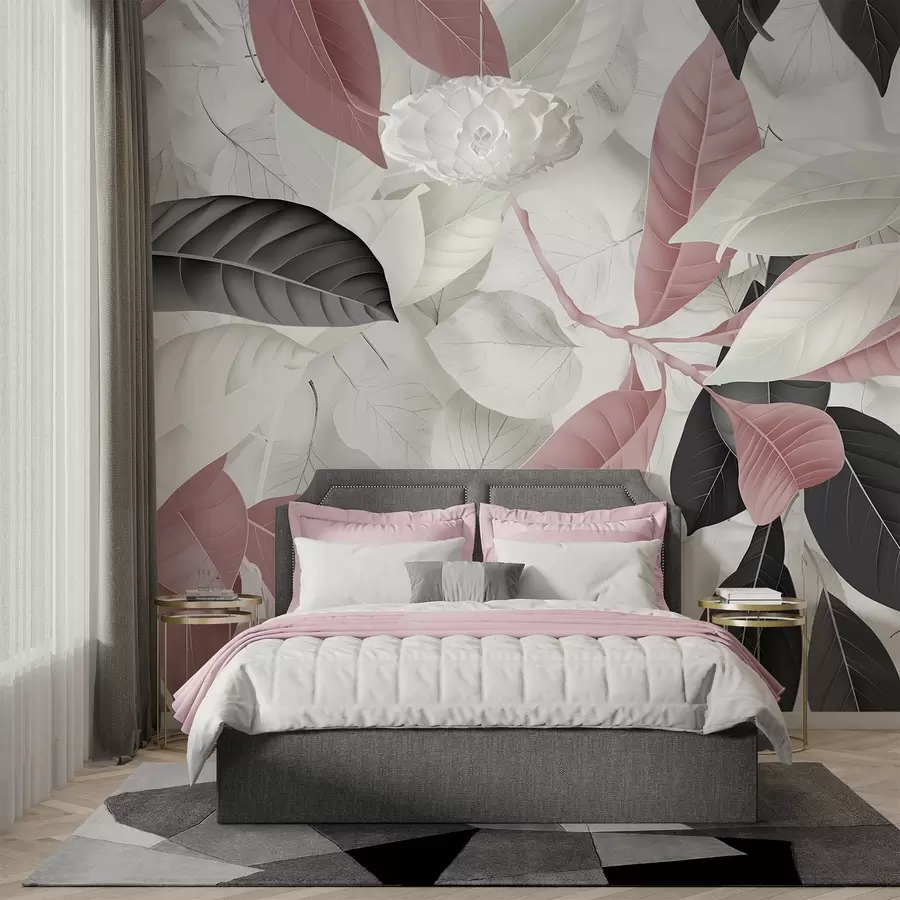 murales de pared Gran estampado de hojas rosas y grises sobre un fondo con textura de hojas claras, que crea una exuberante sensación tropical w08468