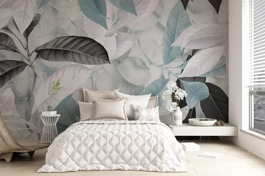 murales de pared Gran estampado de hojas azules y grises sobre un fondo con textura de hojas claras, que crea una exuberante sensación tropical w08468v1