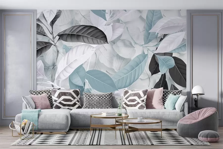 murales de pared Gran estampado de hojas azules y grises sobre un fondo con textura de hojas claras, que crea una exuberante sensación tropical w08468v1