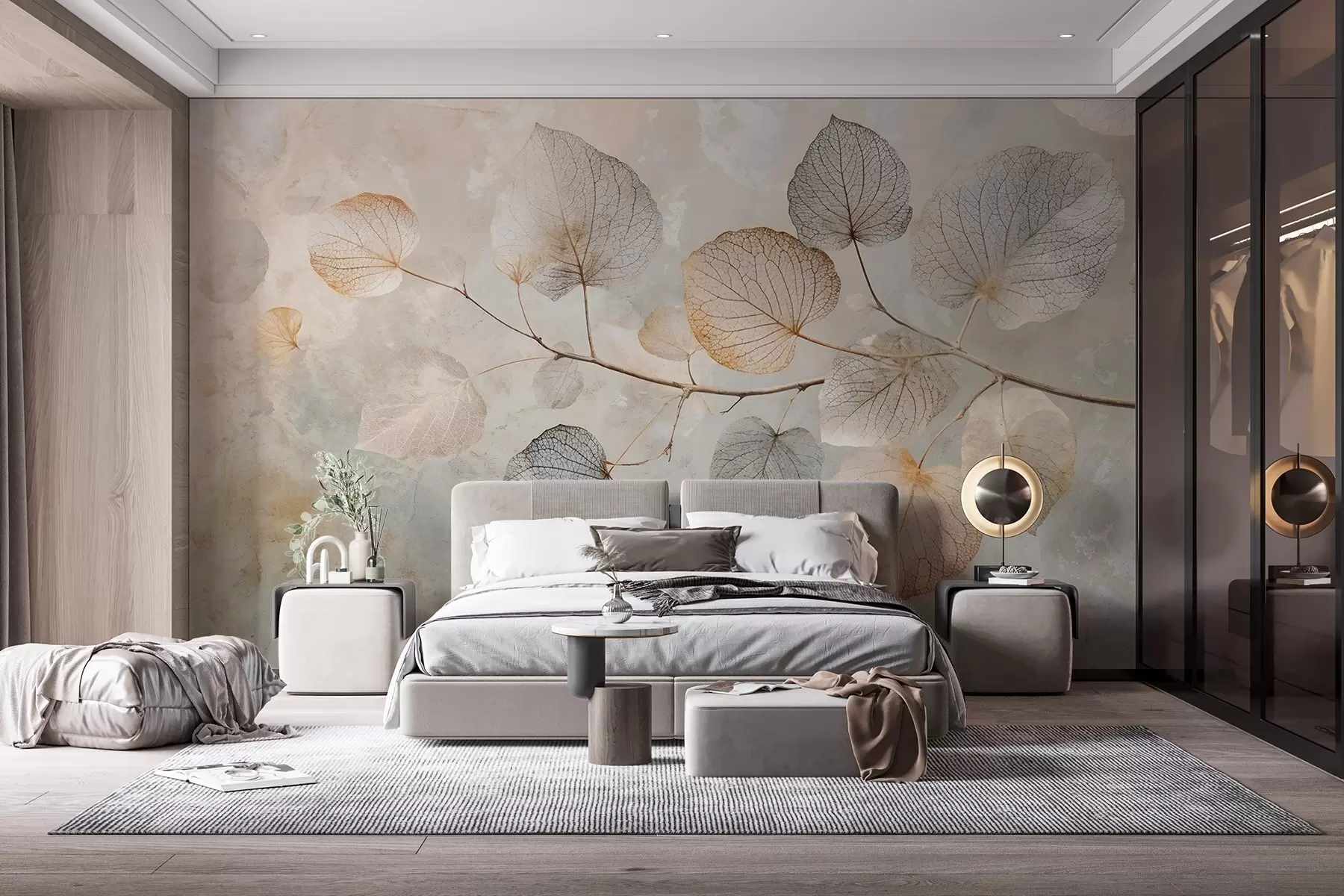 murales de pared Delicadas hojas con intrincadas vetas y colores suaves y apagados sobre un fondo de textura pálida w08469