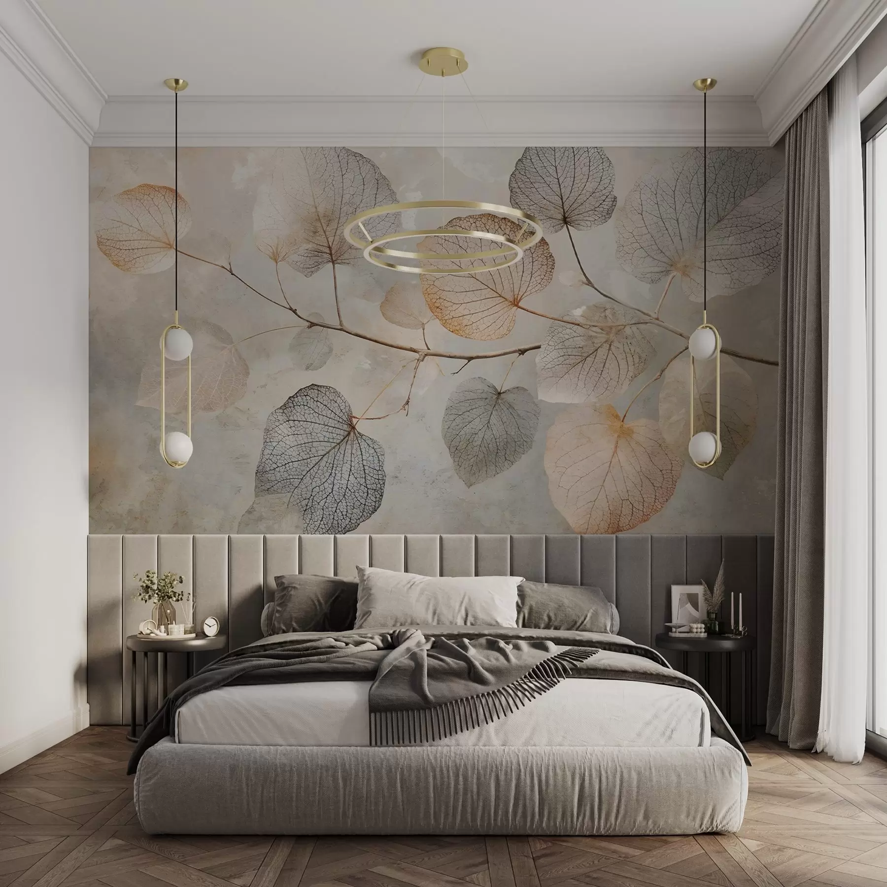 murales de pared Delicadas hojas con intrincadas vetas y colores suaves y apagados sobre un fondo de textura pálida w08469
