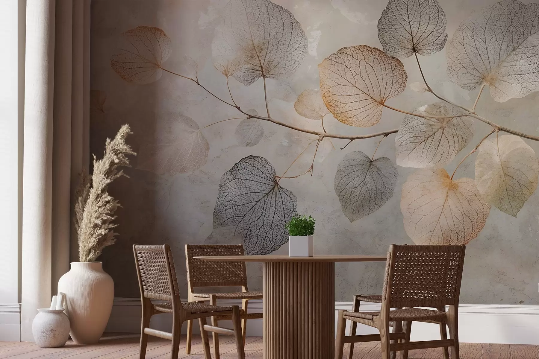 murales de pared Delicadas hojas con intrincadas vetas y colores suaves y apagados sobre un fondo de textura pálida w08469