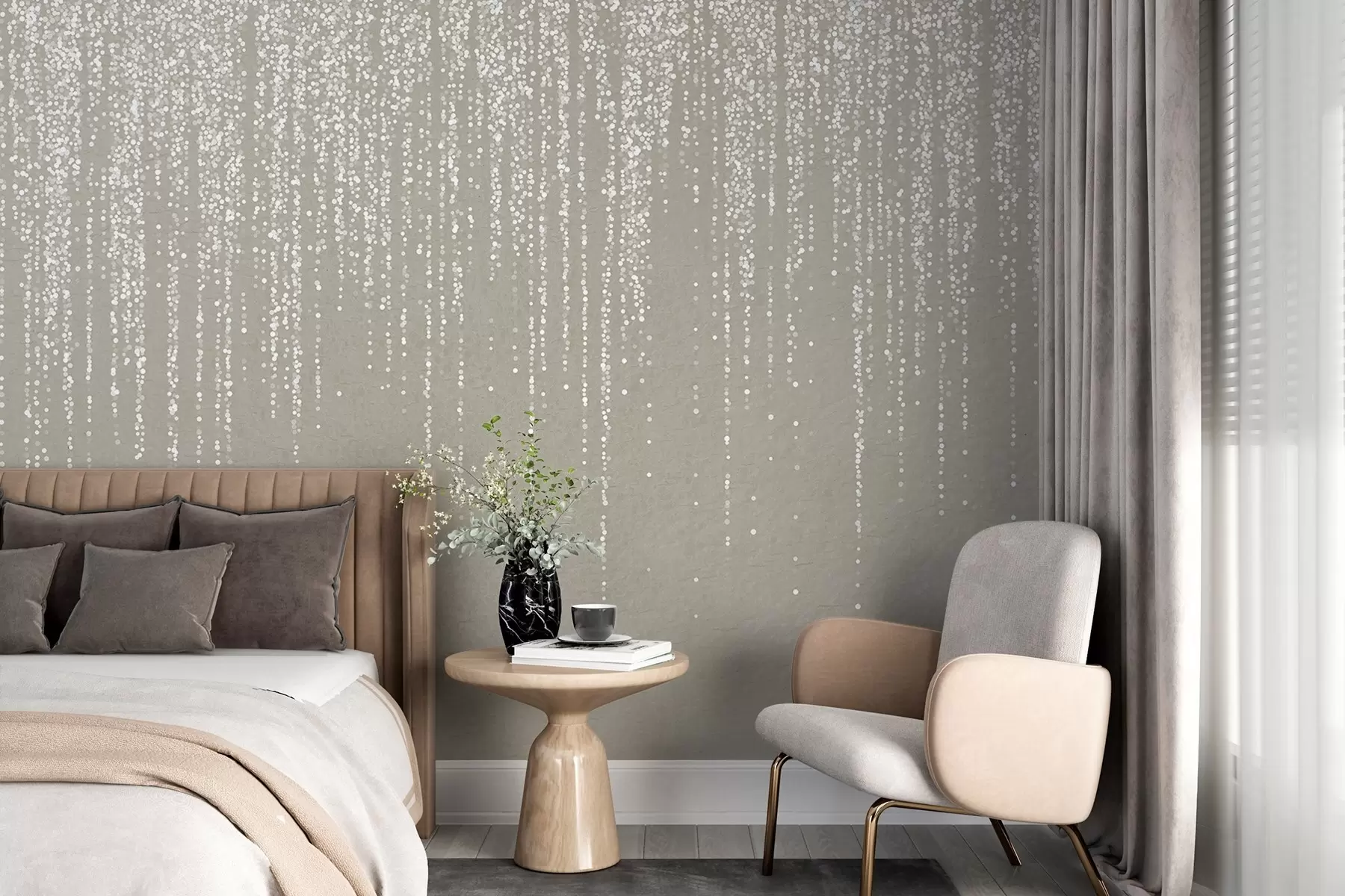 murales de pared Un elegante estampado vertical de guirnaldas punteadas sobre un fondo de textura beige, que crea una sensación de profundidad y movimiento w08470