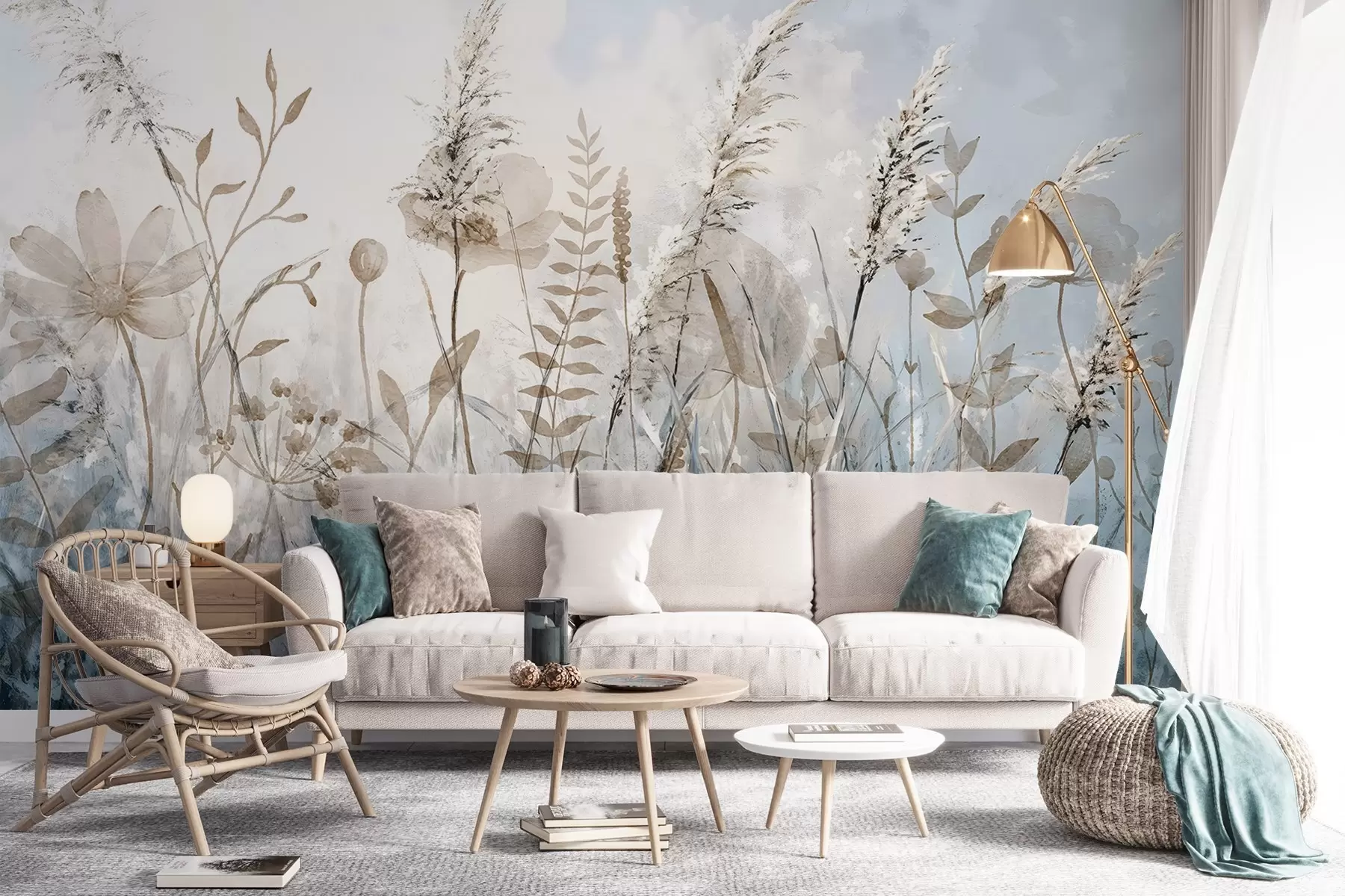 murales de pared Un campo de hierba alta, follaje natural y plantas con texturas suaves y difusas contra un cielo nublado y brumoso w08472