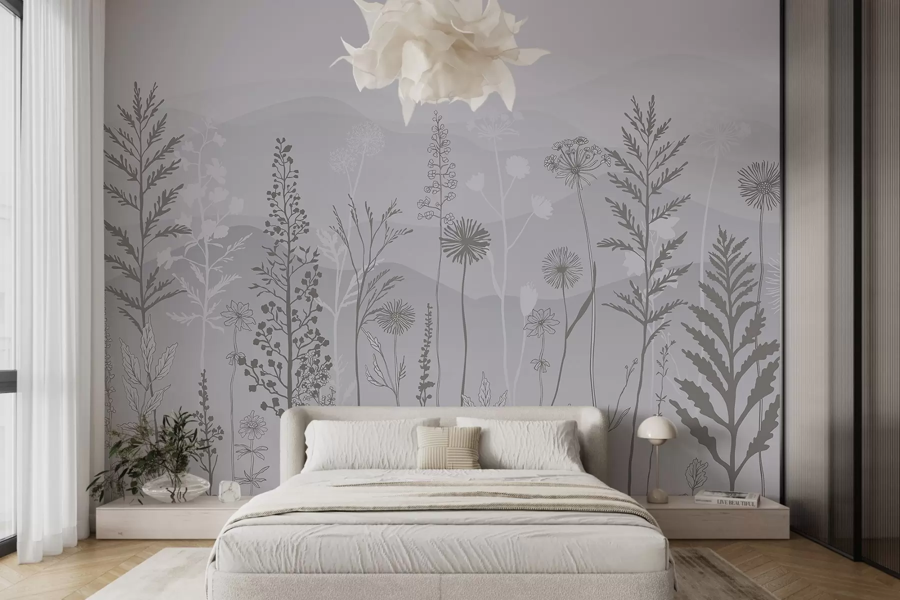 murales de pared papel pintado ecológico, flores silvestres en tonos grises w02443