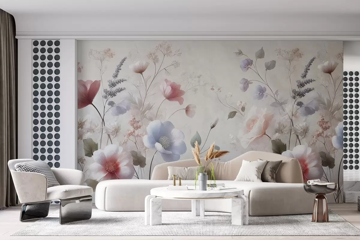 murales de pared delicadas flores silvestres en colores pastel sobre un fondo texturizado w02454