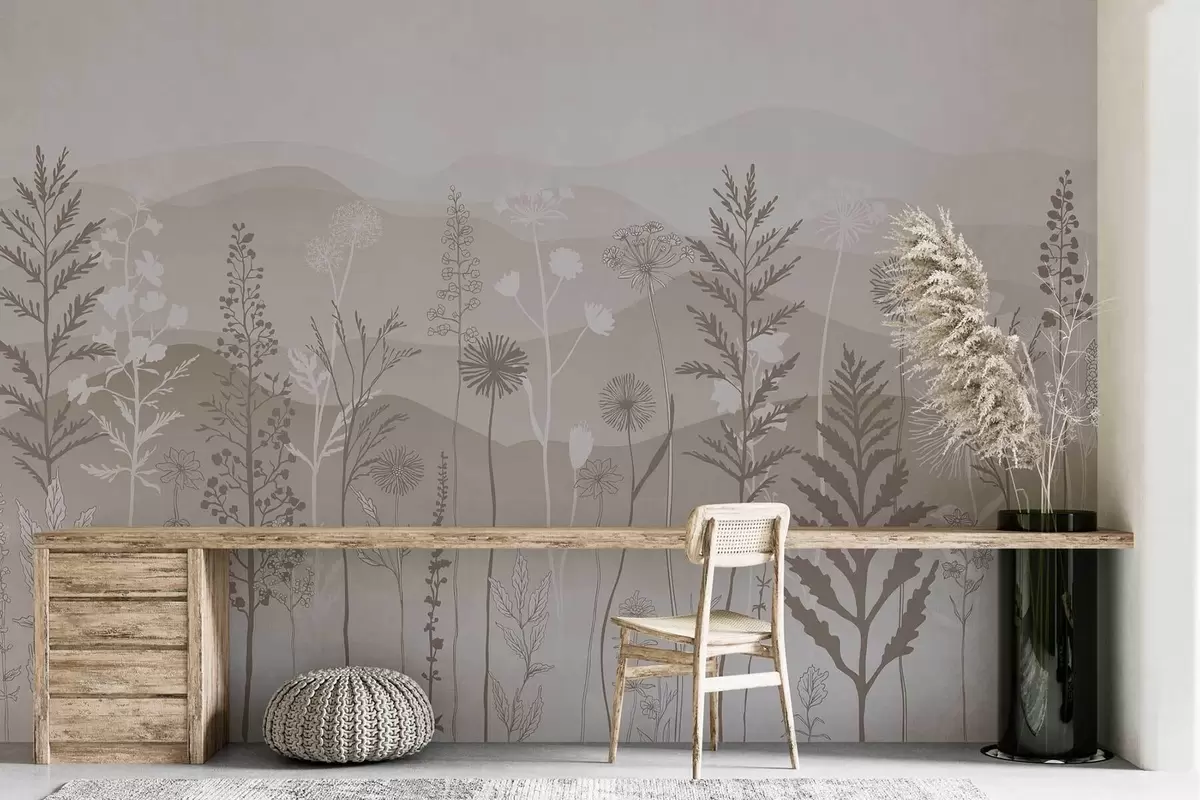 murales de pared papel pintado ecológico, flores silvestres en tonos marrones claros w02443v1