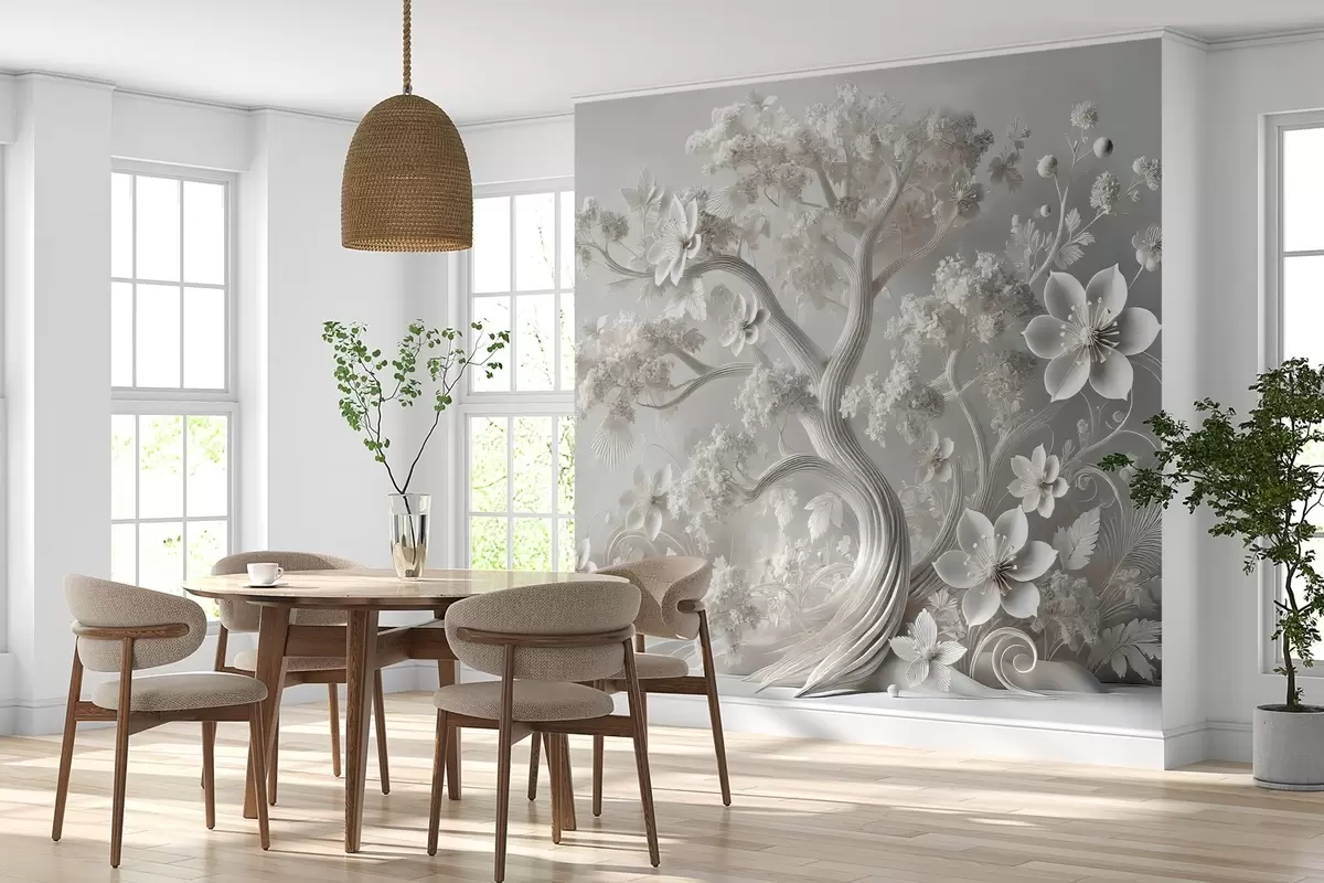 murales de pared fantasía árbol blanco con flores w02455