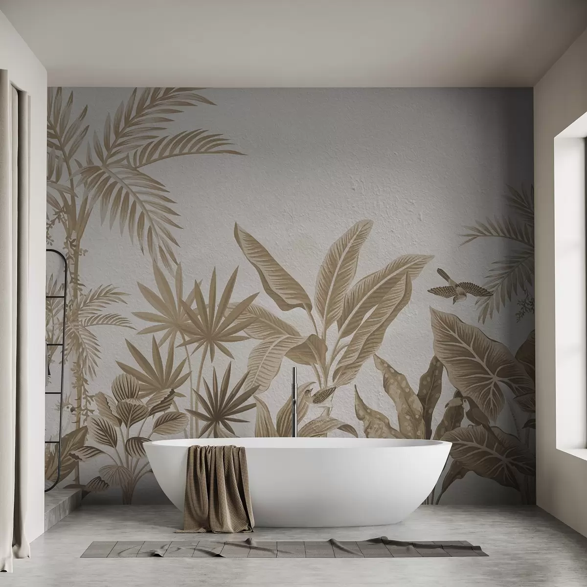 murales de pared Selva tropical con palmeras y pájaros en tonos sepia w08496v1