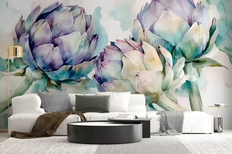murales de pared Alcachofas estilo acuarela, flores, rosa y verde w02481v1