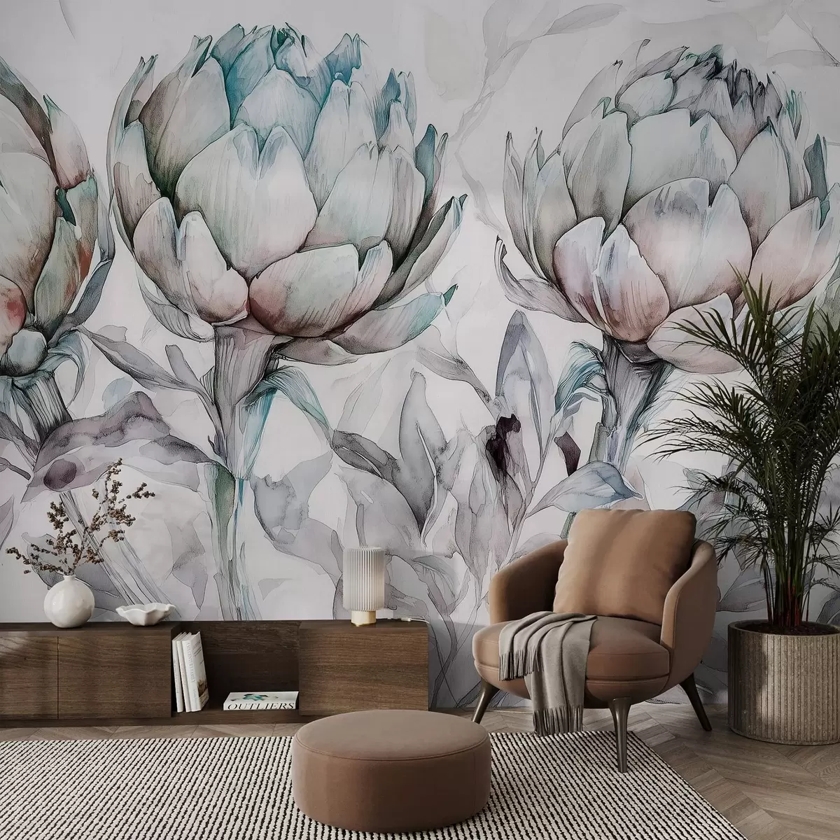 murales de pared Bonito dibujo de alcachofas, estilo acuarela, colores suaves w02482v1