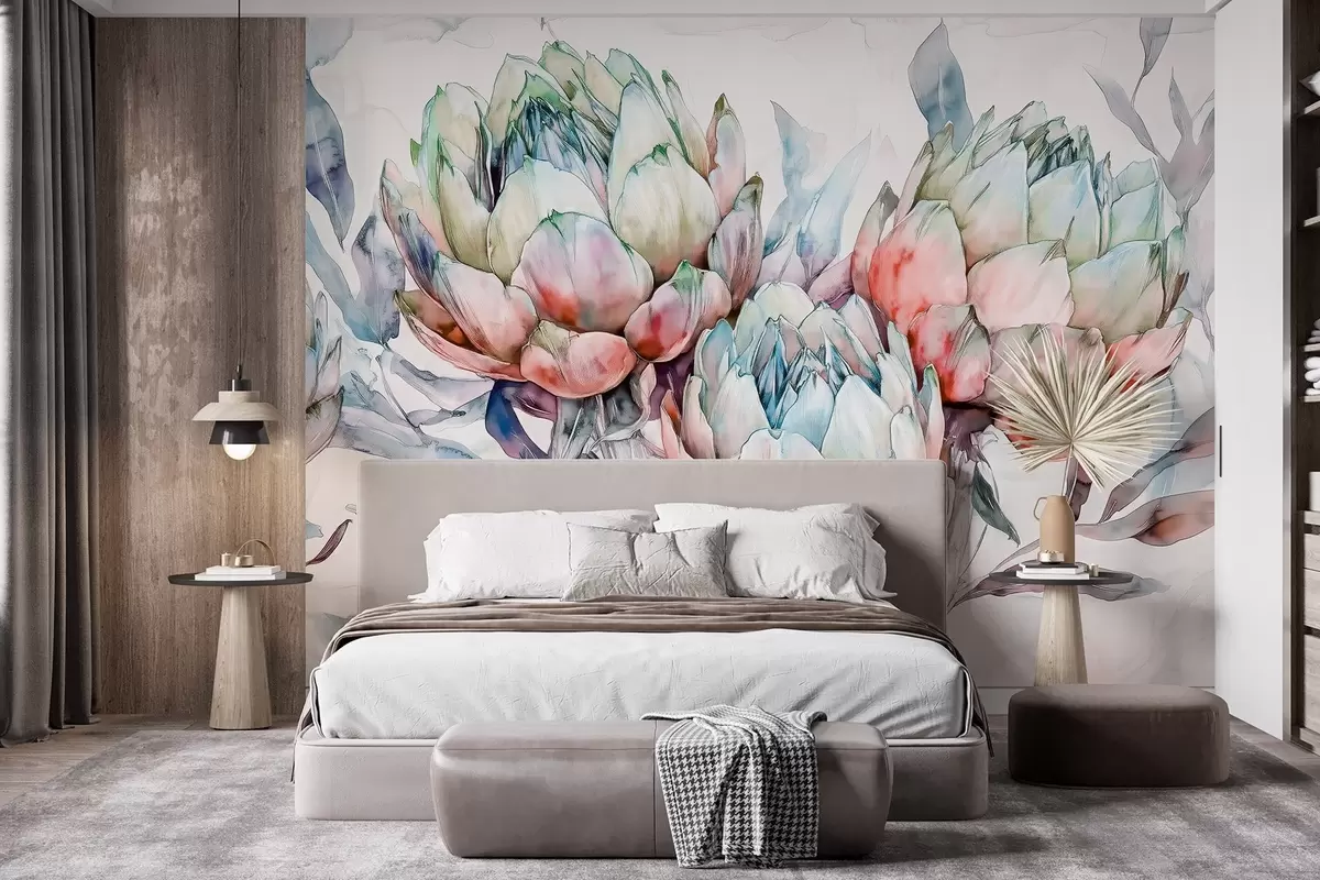 murales de pared Alcachofas dibujo, estilo acuarela, floral, rojo, morado, verde w02484v1