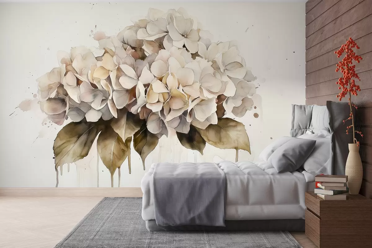 murales de pared Dibujo estilo acuarela de flor de hortensia, colores beige w02485