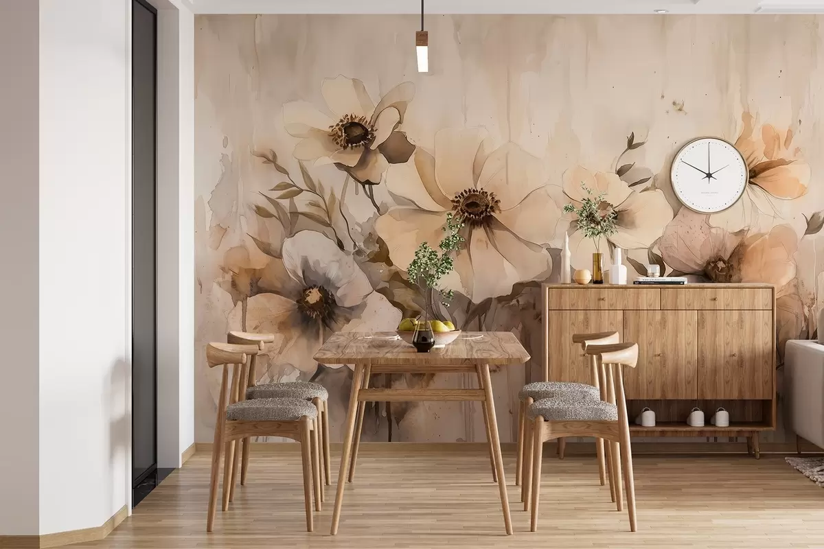 murales de pared Flores rústicas, dibujo estilo acuarela, colores beige w02487