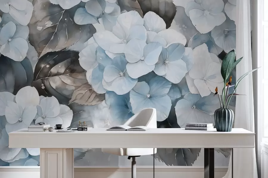 murales de pared Flores de hortensia, dibujo estilo acuarela, colores azules, floral w02488v1