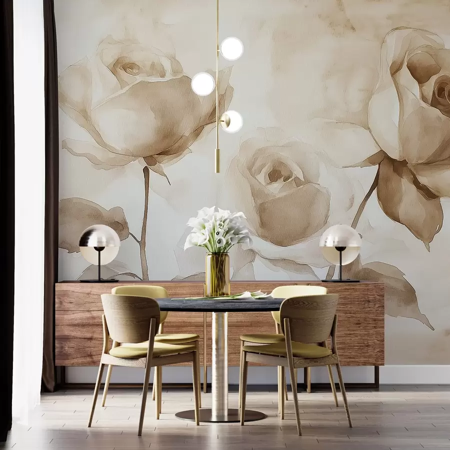 murales de pared Rosas beige, flores, dibujo acuarela suave, rústico, bohemio w02490