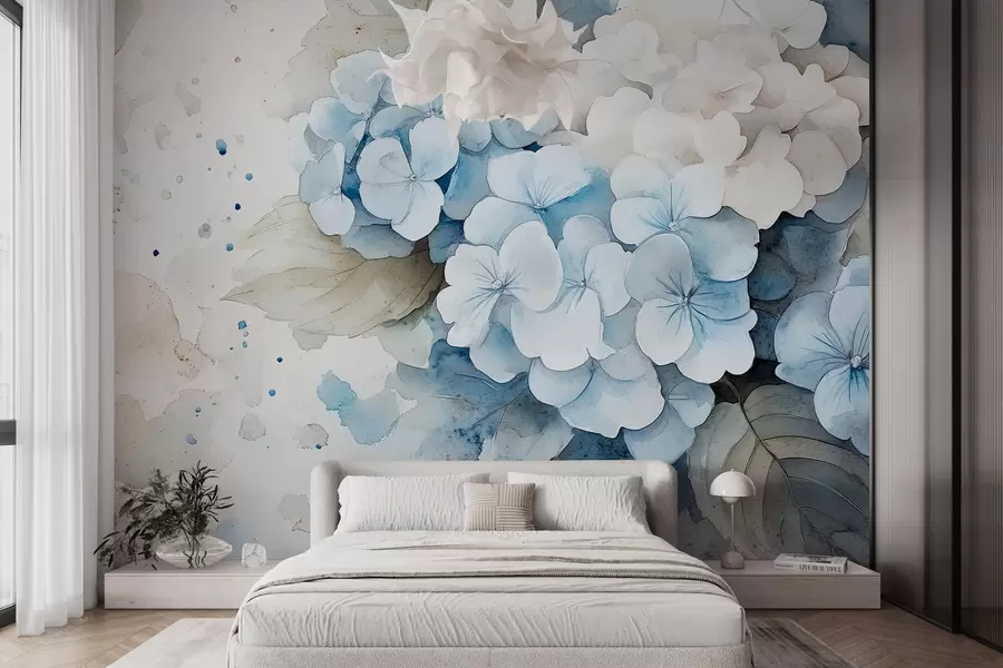 murales de pared Acuarela estilo de dibujo de flores de hortensia con hojas, colores naturales suaves w02493