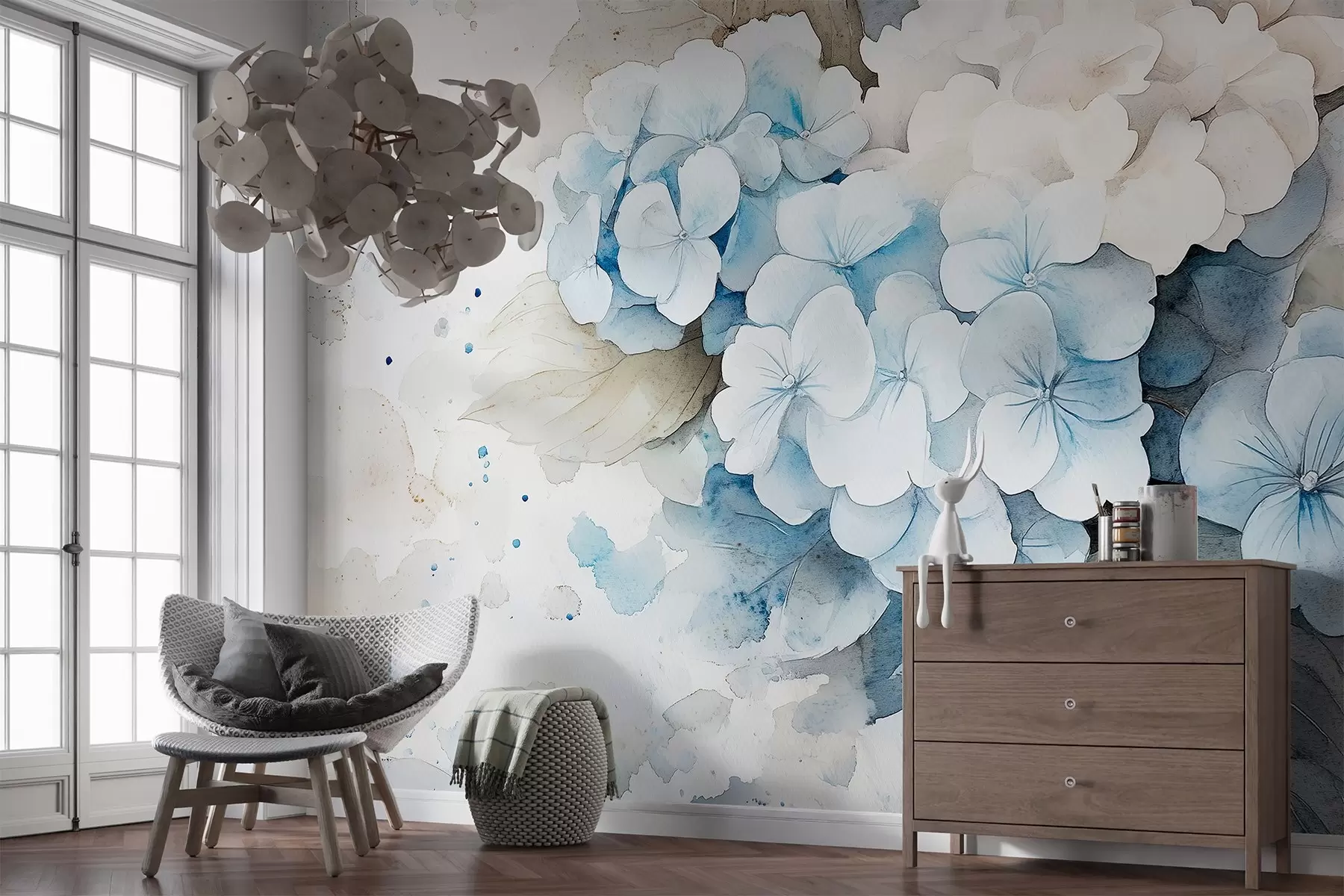 murales de pared Acuarela estilo de dibujo de flores de hortensia con hojas, colores naturales suaves w02493