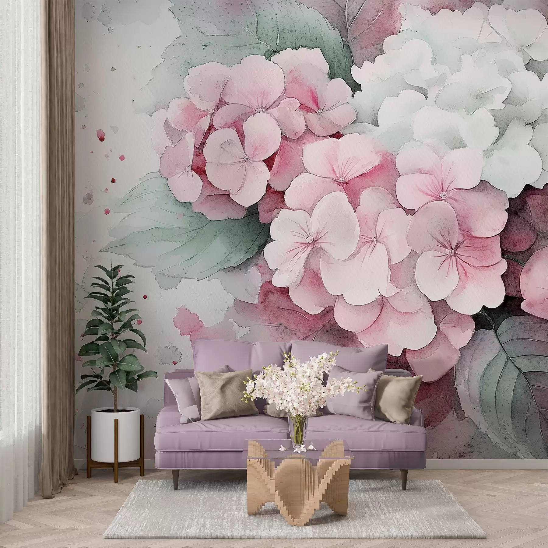 murales de pared Dibujo estilo acuarela de flores de hortensia con hojas, colores rosa suave y verde w02493v1