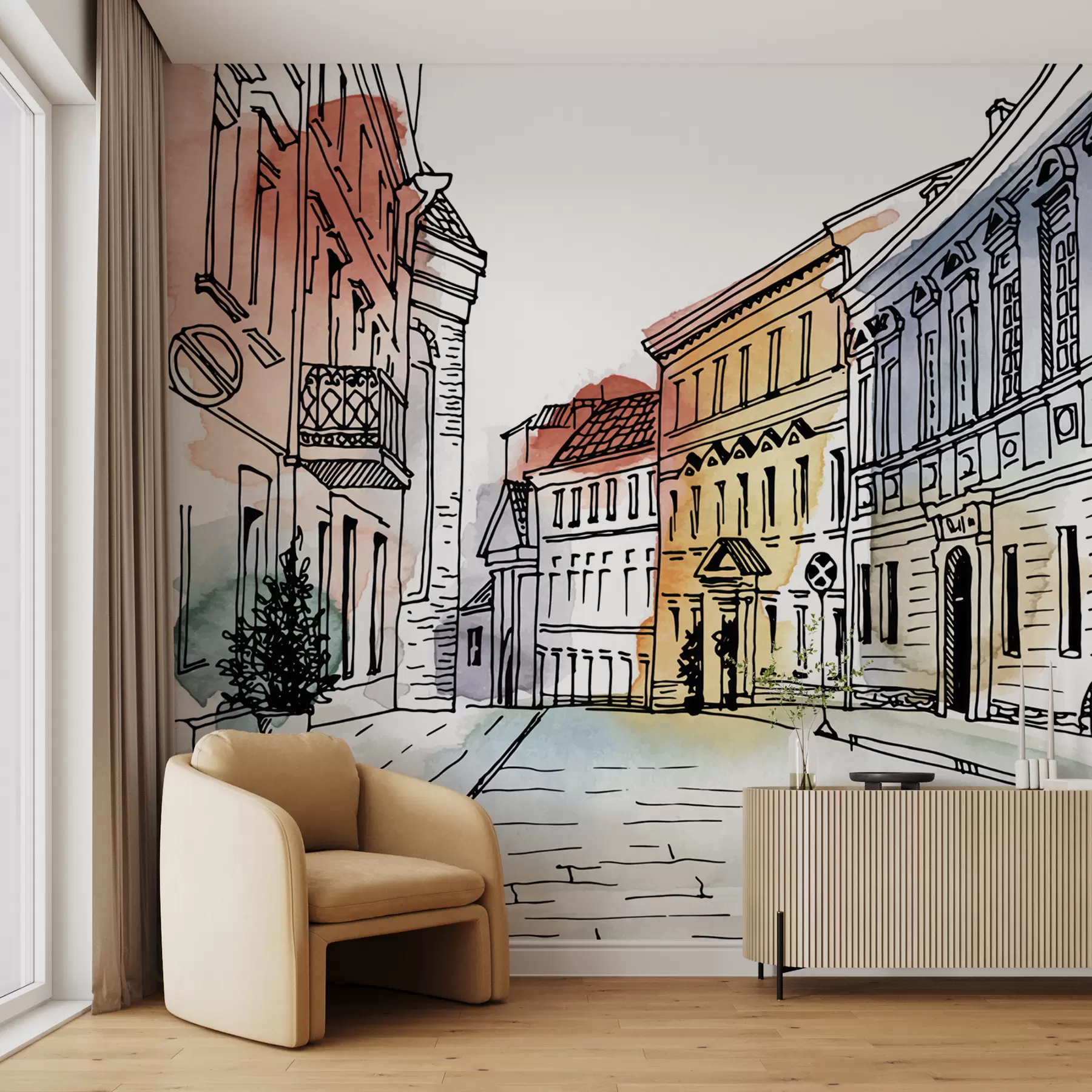 murales de pared Casco antiguo, rotulador y acuarela u51062