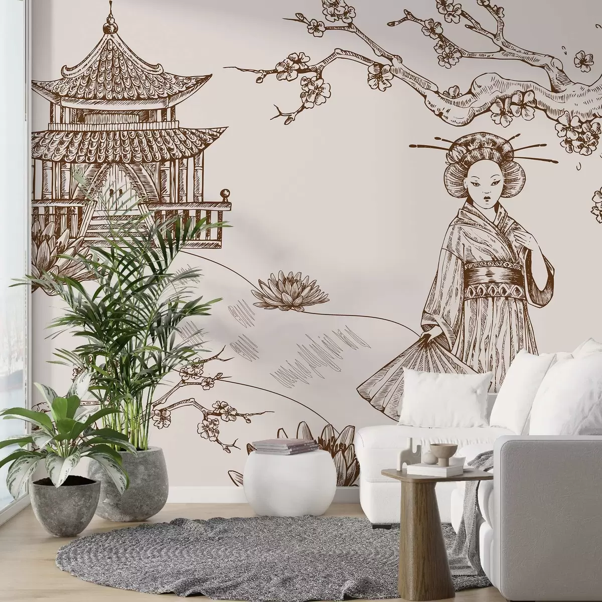 murales de pared Antigua casa de estilo asiático, chica con ropa tradicional, cerezos en flor w02534