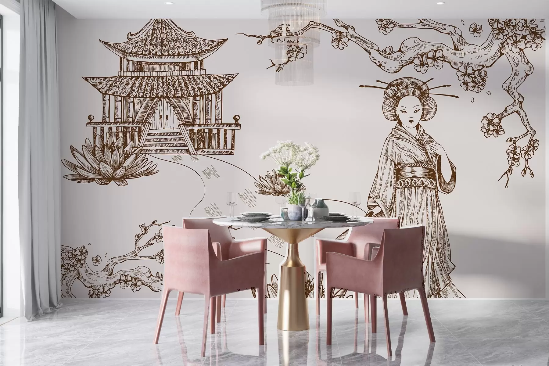 murales de pared Antigua casa de estilo asiático, chica con ropa tradicional, cerezos en flor w02534