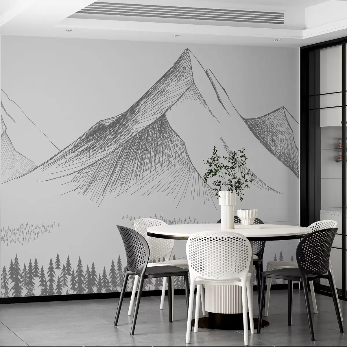murales de pared Montañas y bosque, dibujados a lápiz w02536