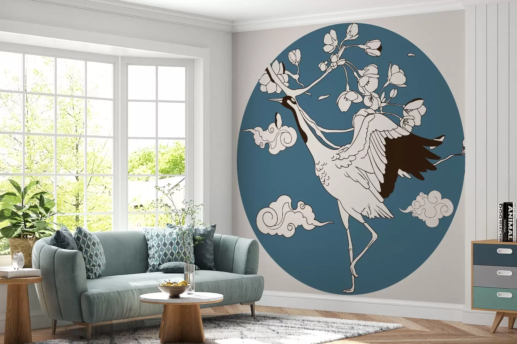 murales de pared Dibujo en círculo, flores, nubes en estilo japonés, grulla, parte azul w02538