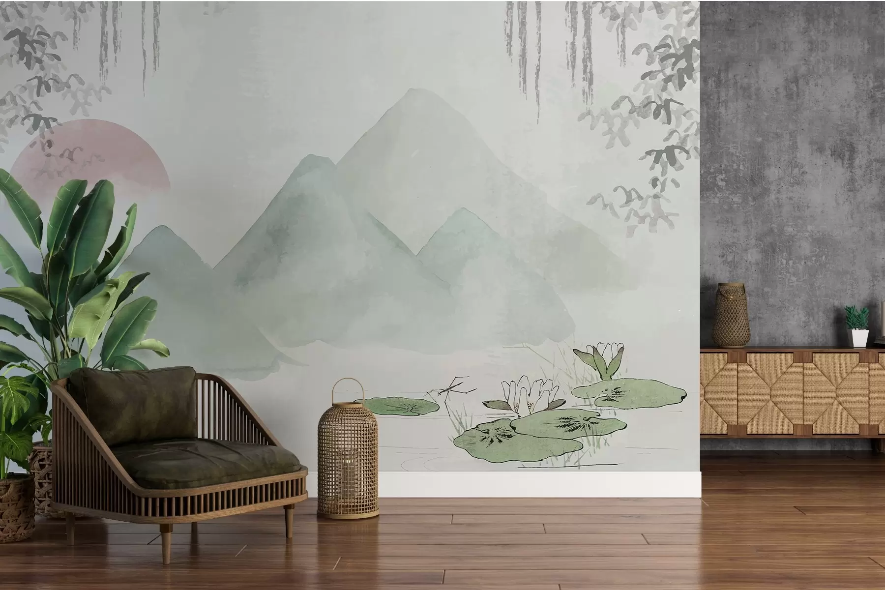 murales de pared Amanecer, montañas y nenúfar w02539