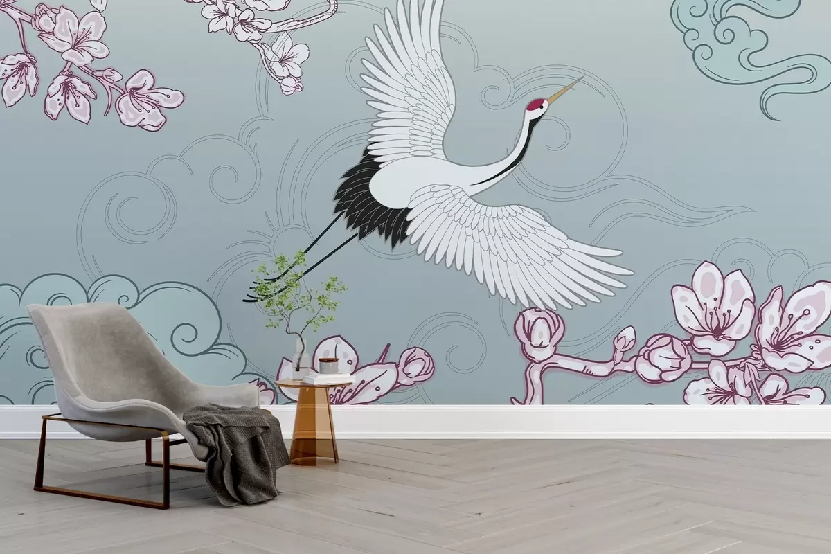 murales de pared Grulla, flores, nubes japonesas w02540