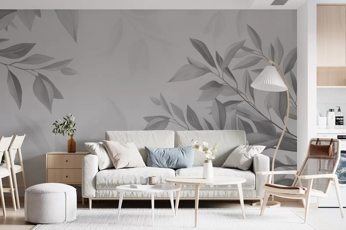 murales de pared Ramas grises con hojas sobre fondo gris w08499v3