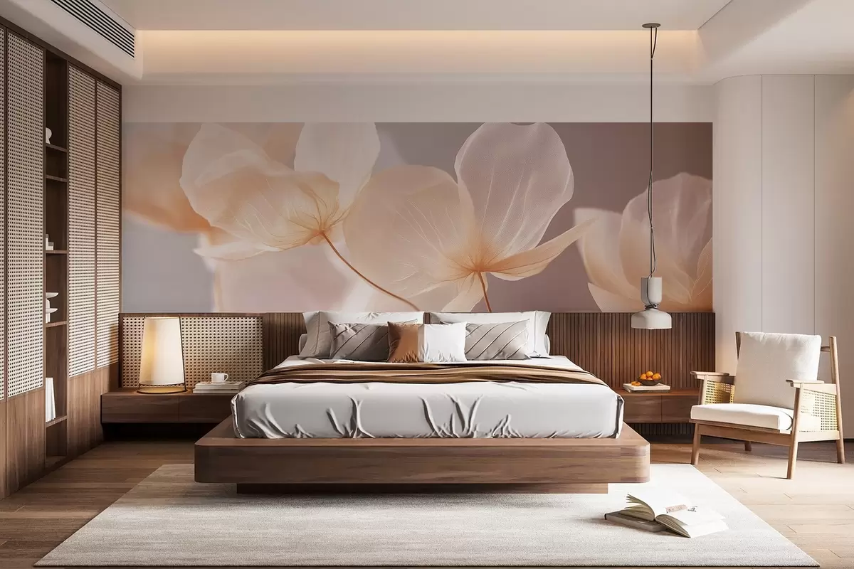 murales de pared Pétalos de loto, una delicada composición con fondo rosa w08500v1