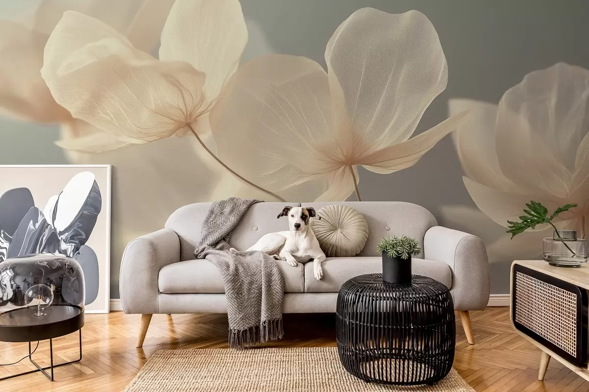 murales de pared Pétalos de loto, una delicada composición con fondo gris w08500v2