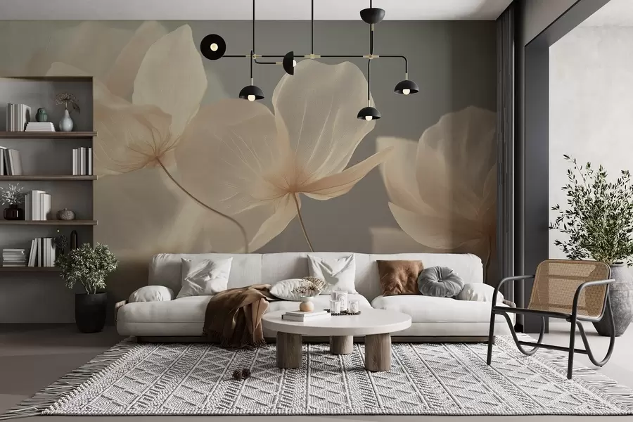 murales de pared Pétalos de loto, una delicada composición con fondo gris w08500v2