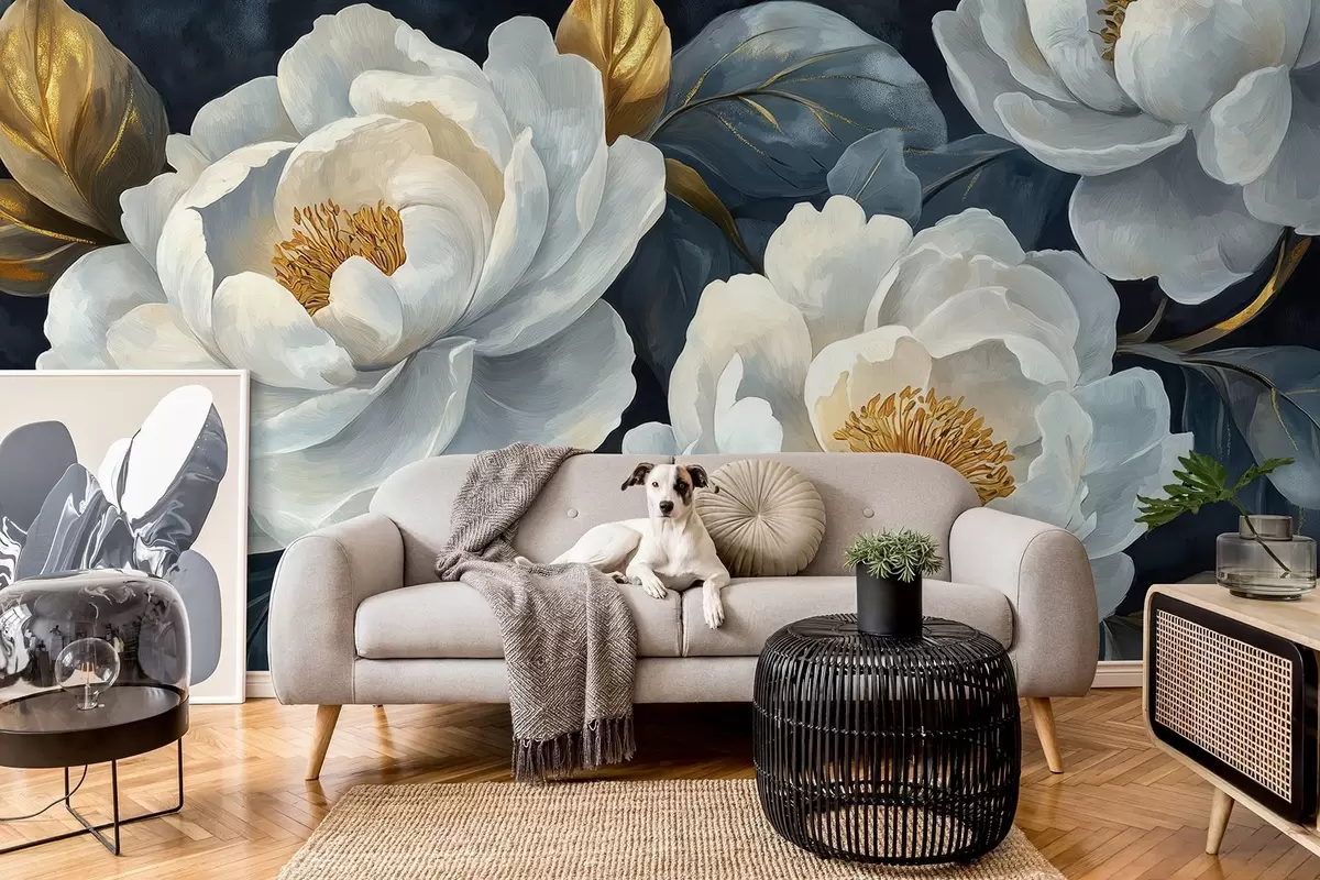 murales de pared Exuberantes peonías blancas sobre fondo azul en estilo pictórico w02315