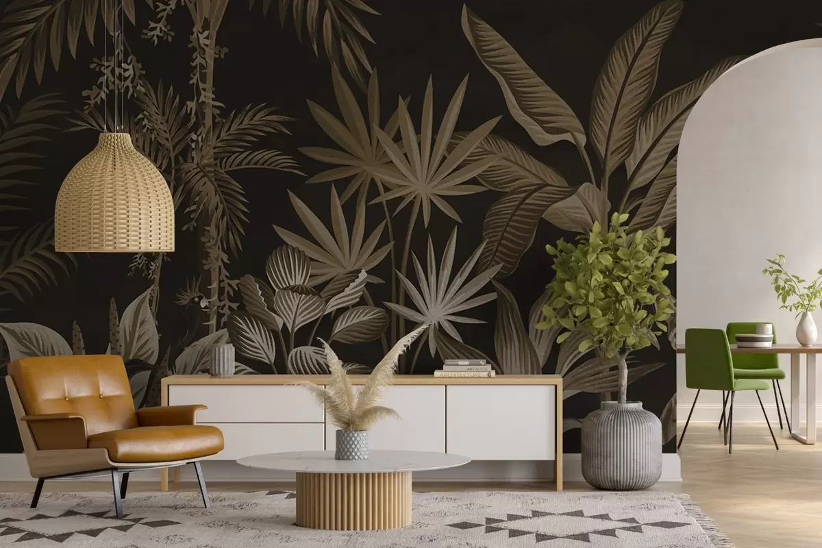 murales de pared Selva tropical con palmeras y pájaros en tonos oscuros w08496v3