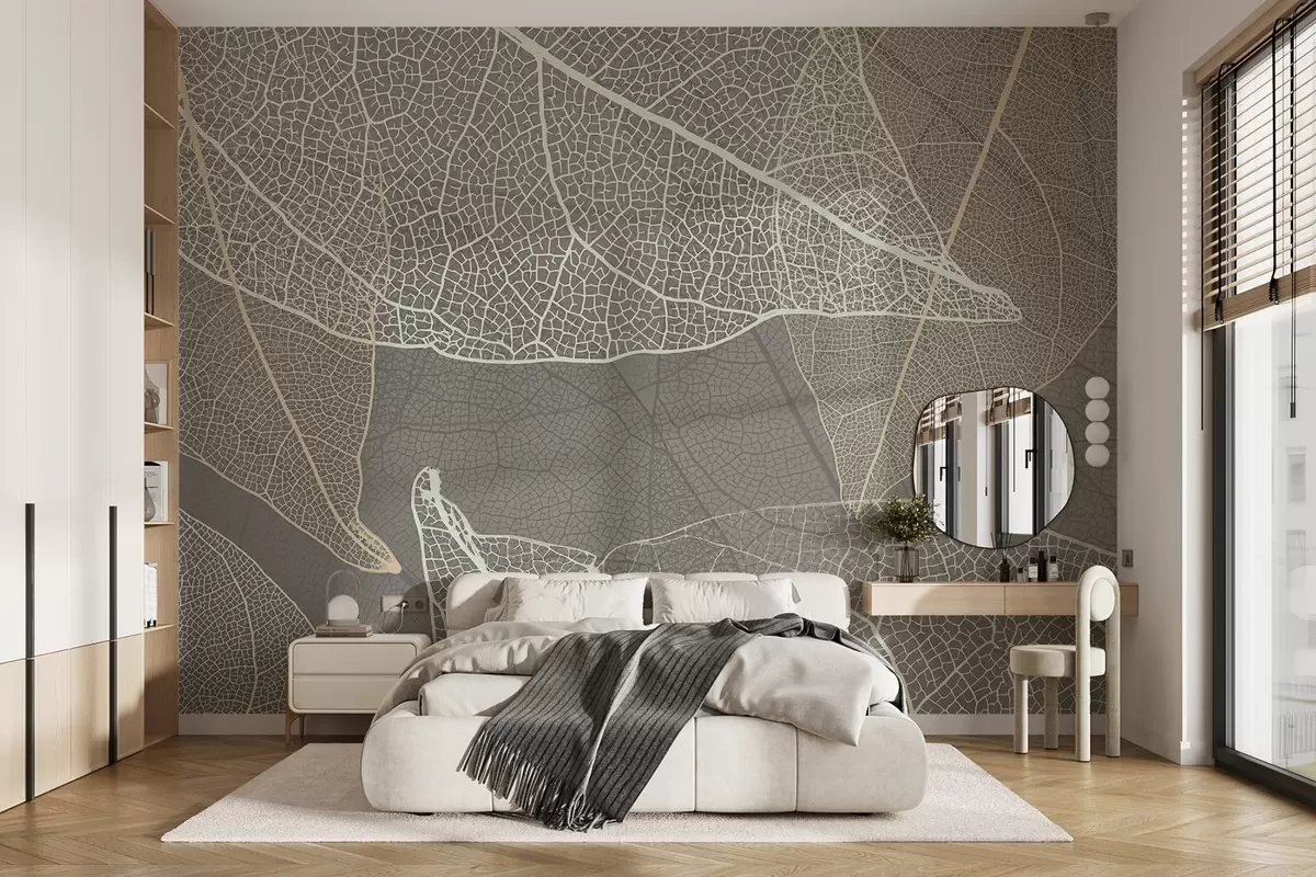 murales de pared primer plano de hojas con venas en tonos grises cálidos w02520v2