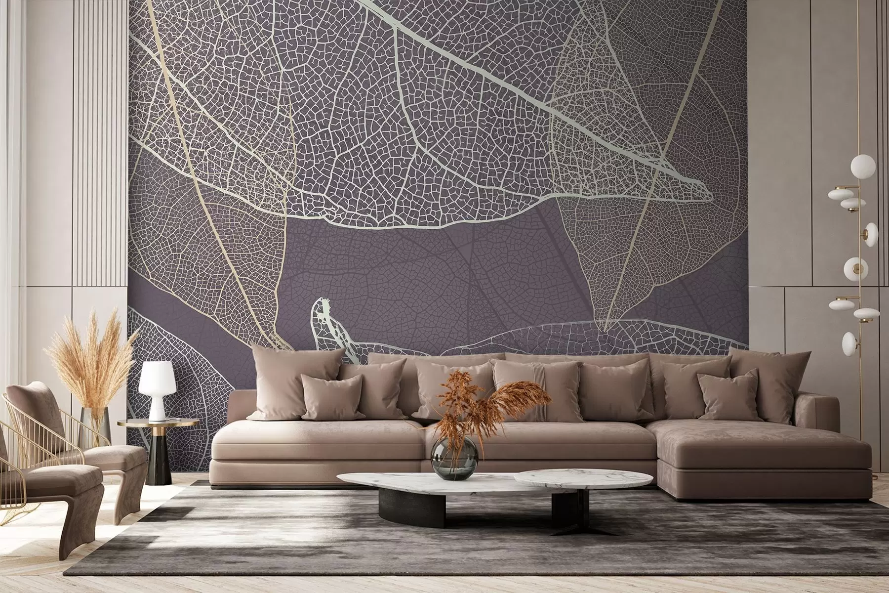 murales de pared primer plano de hojas con venas en tonos gris púrpura w02520v3