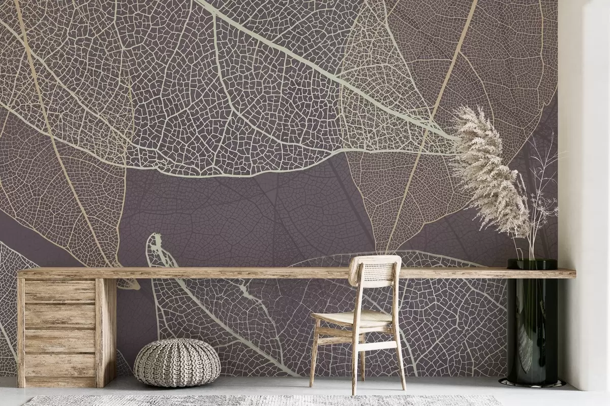 murales de pared primer plano de hojas con venas en tonos gris púrpura w02520v3