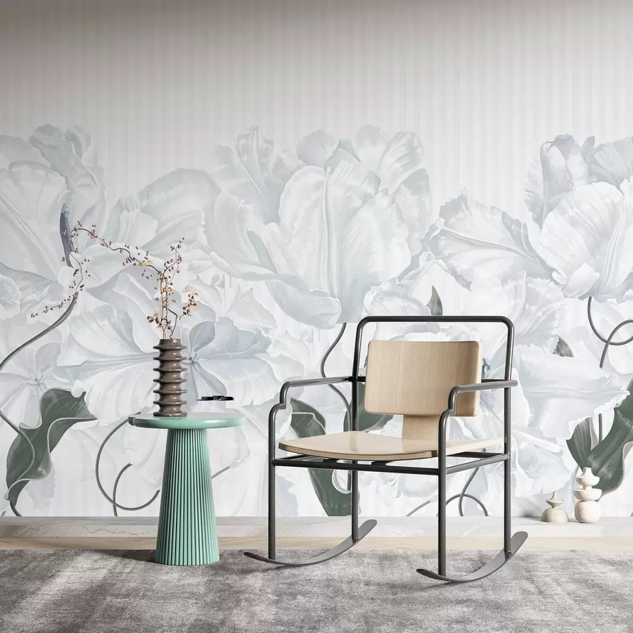 murales de pared delicadas flores grises sobre fondo de rayas w02565v1