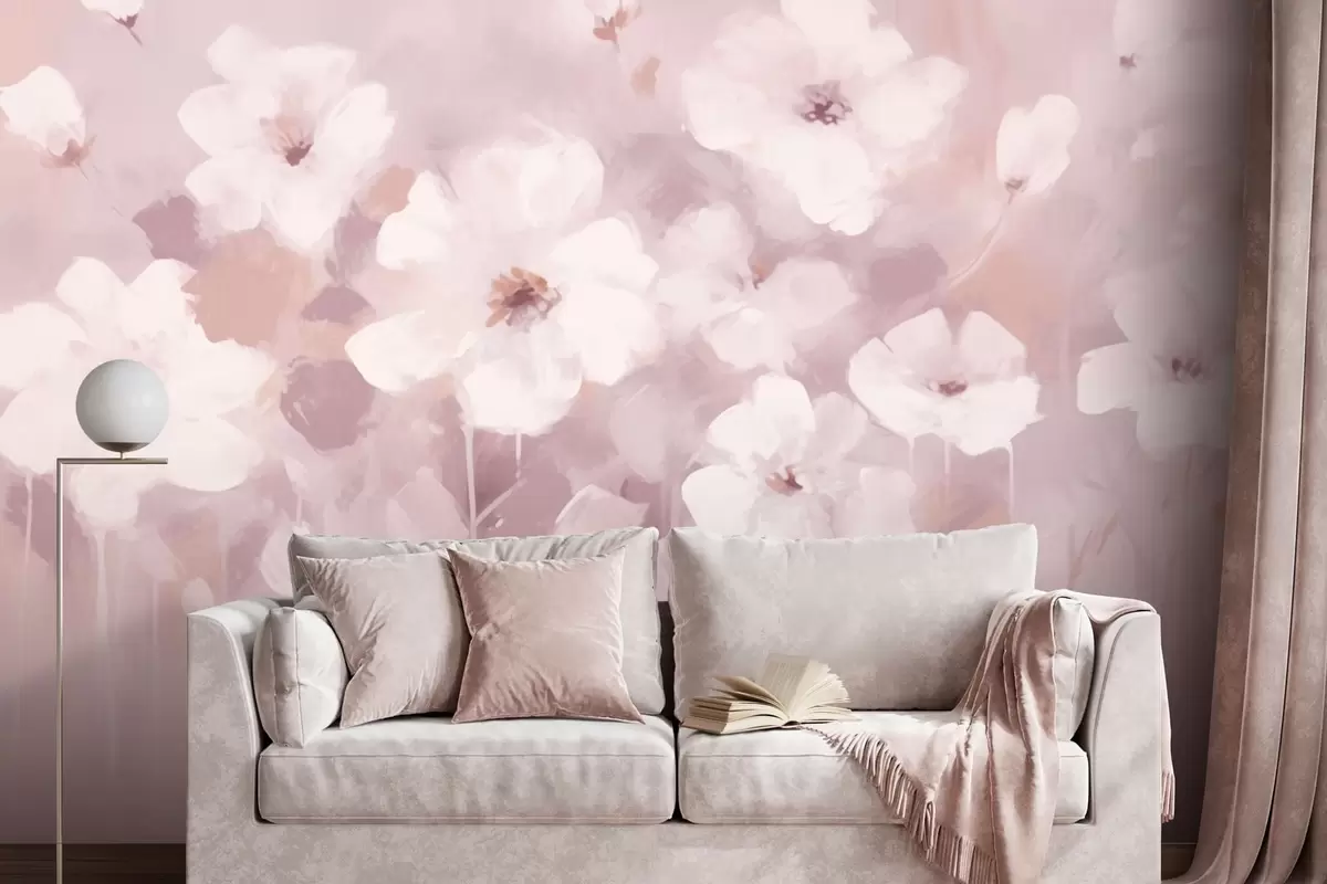 murales de pared Delicadas flores blancas de color rosa w08542v1