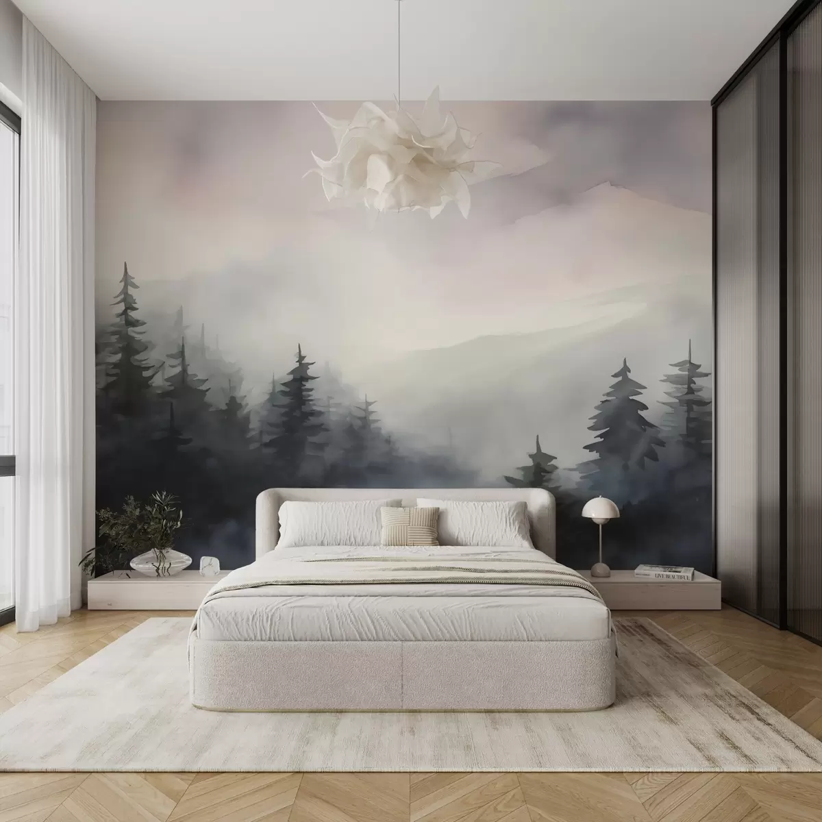 murales de pared Siluetas de abetos en el bosque imitación de acuarela w02585