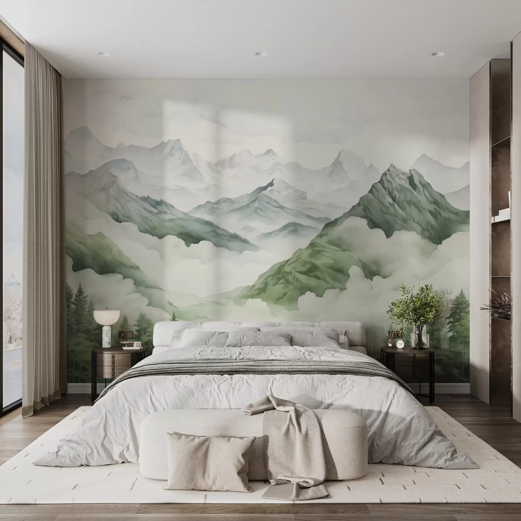 murales de pared Bosque al pie de las montañas rocosas imitación de acuarela w02587