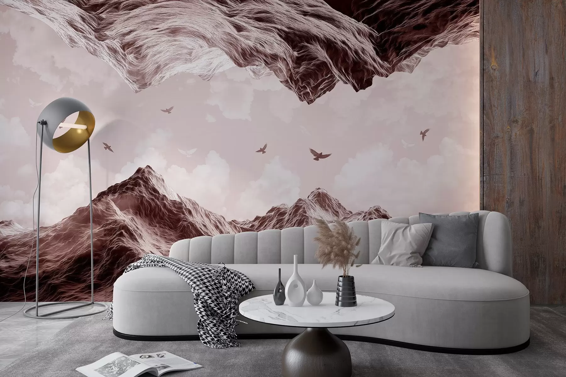 murales de pared Paisaje de montaña, realismo, pájaros volando, naturaleza, nubes, colores marrones w02514v2