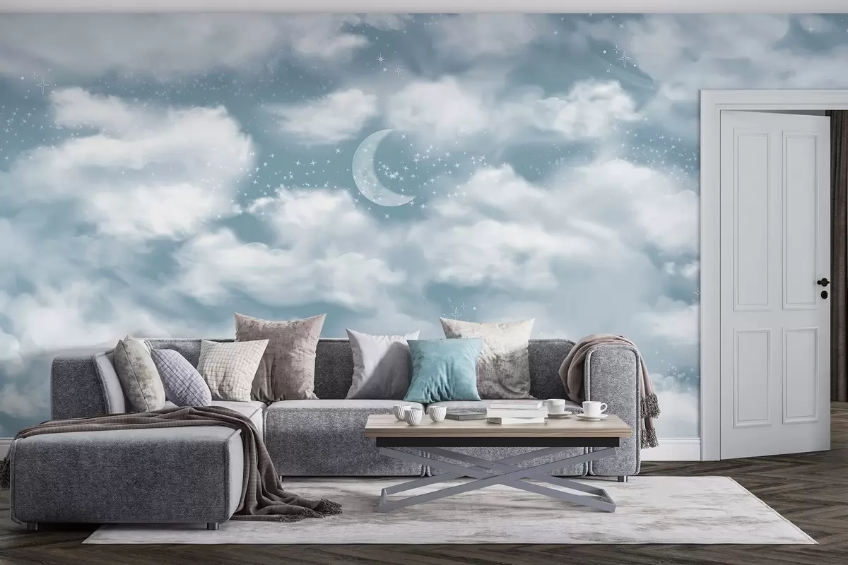 murales de pared Cielo estrellado con luna y nubes, de ensueño, etéreo, colores azules suaves w02515v1