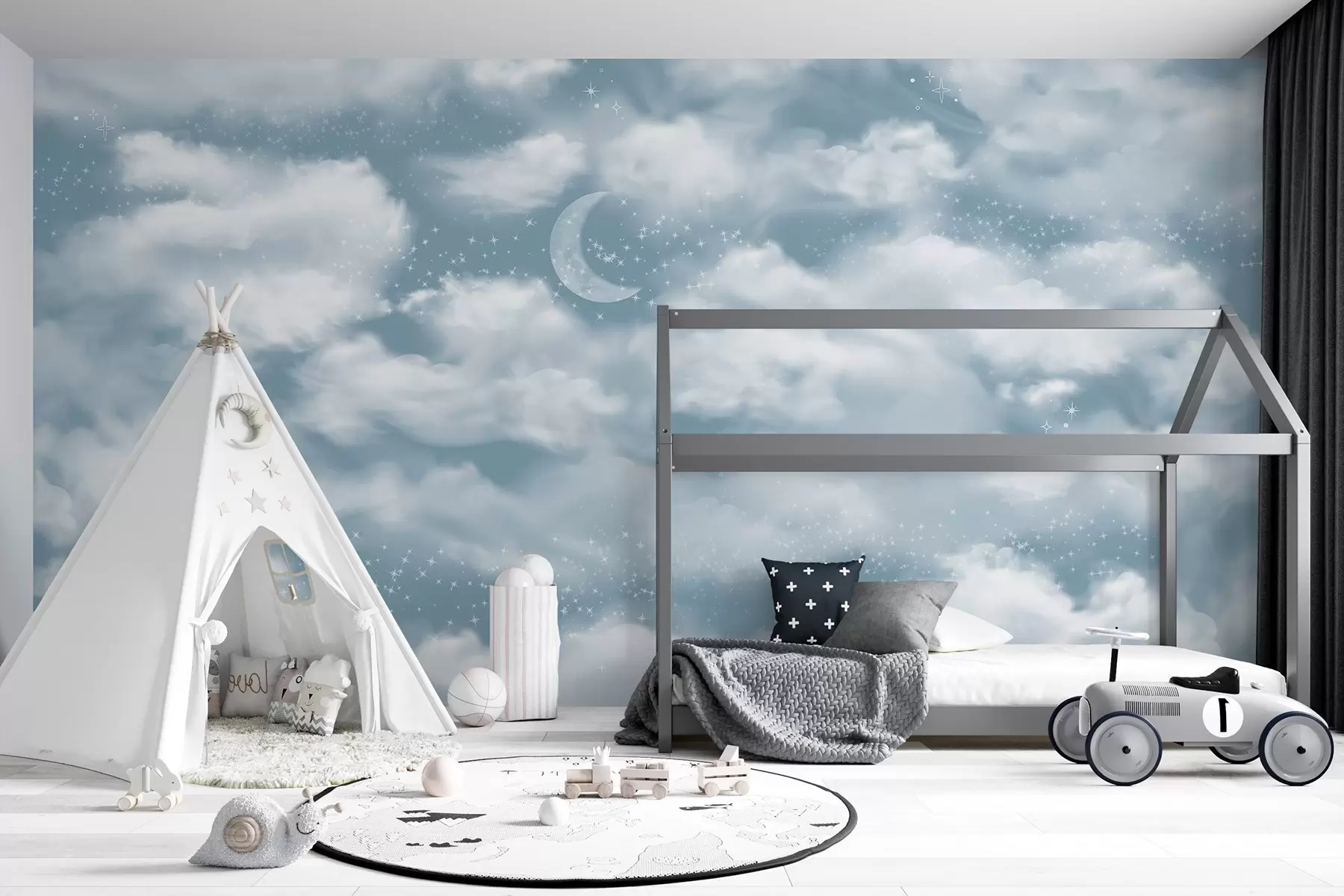 murales de pared Cielo estrellado con luna y nubes, de ensueño, etéreo, colores azules suaves w02515v1