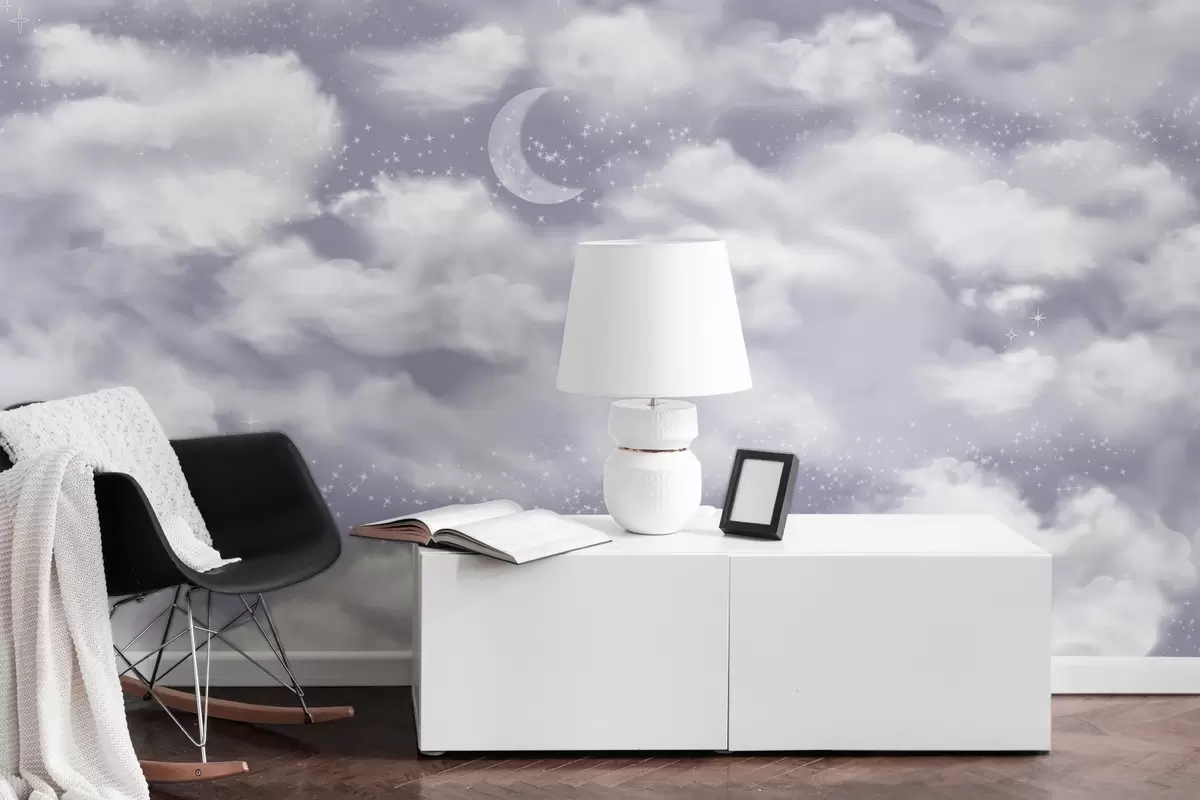 murales de pared Cielo estrellado con luna y nubes, de ensueño, etéreo, suaves colores morados w02515v4