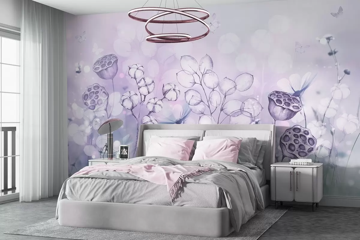 murales de pared Jardín de flores de ensueño, mariposa, flores de algodón, lotos, colores morados w02516v1