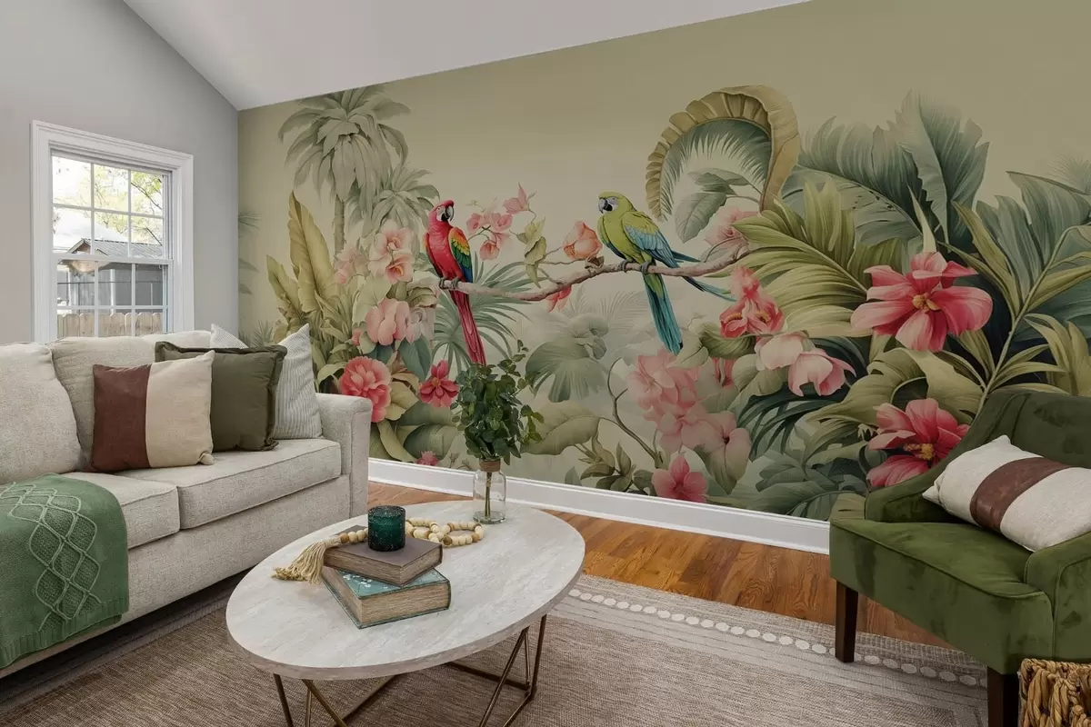 murales de pared Dos loros en arbustos tropicales w08507
